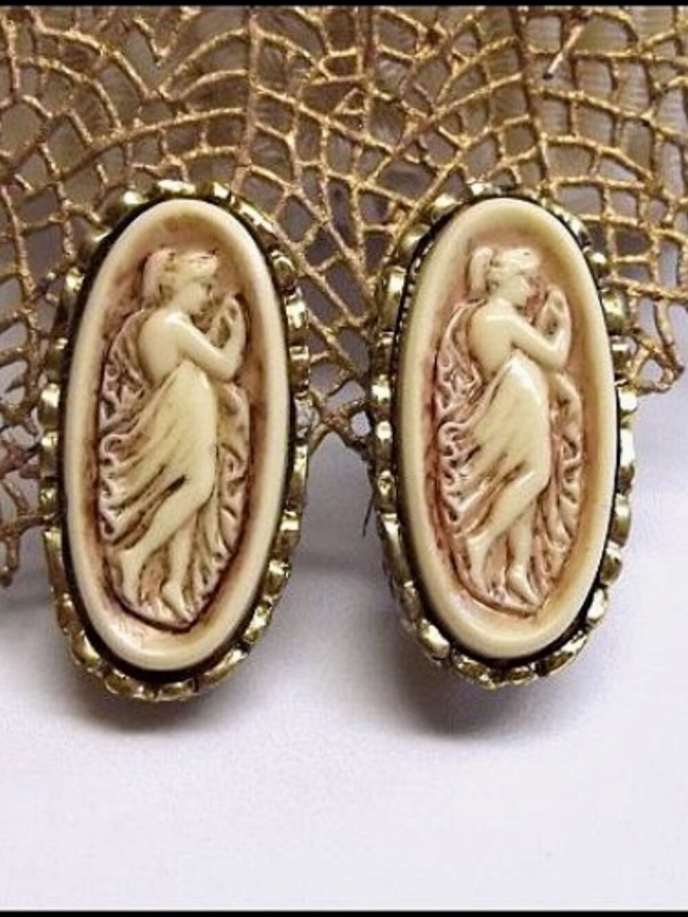 1950s Authentic Vintage RARE French Cream Glass Cameo Long Clip Earrings